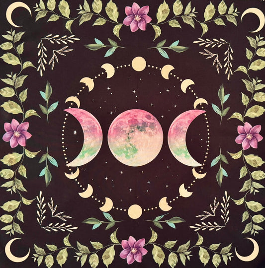 Square mystical tapestry with moon phases, floral wreaths, and celestial motifs.
