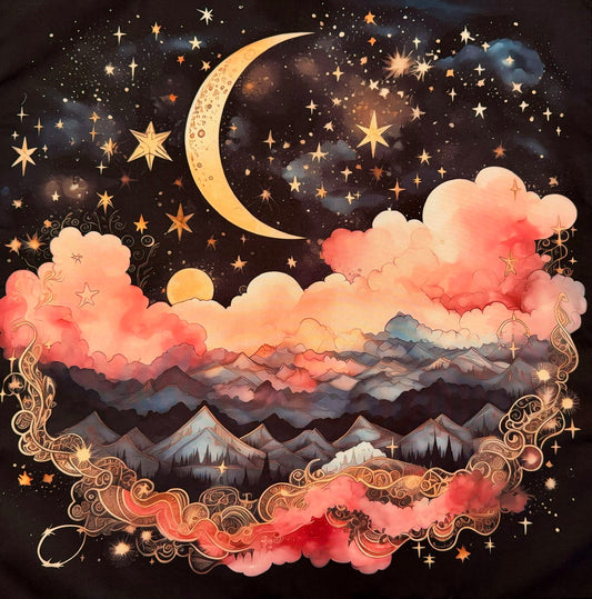 Dreamy night sky watercolor painting with moon, stars, clouds, and mountains.
