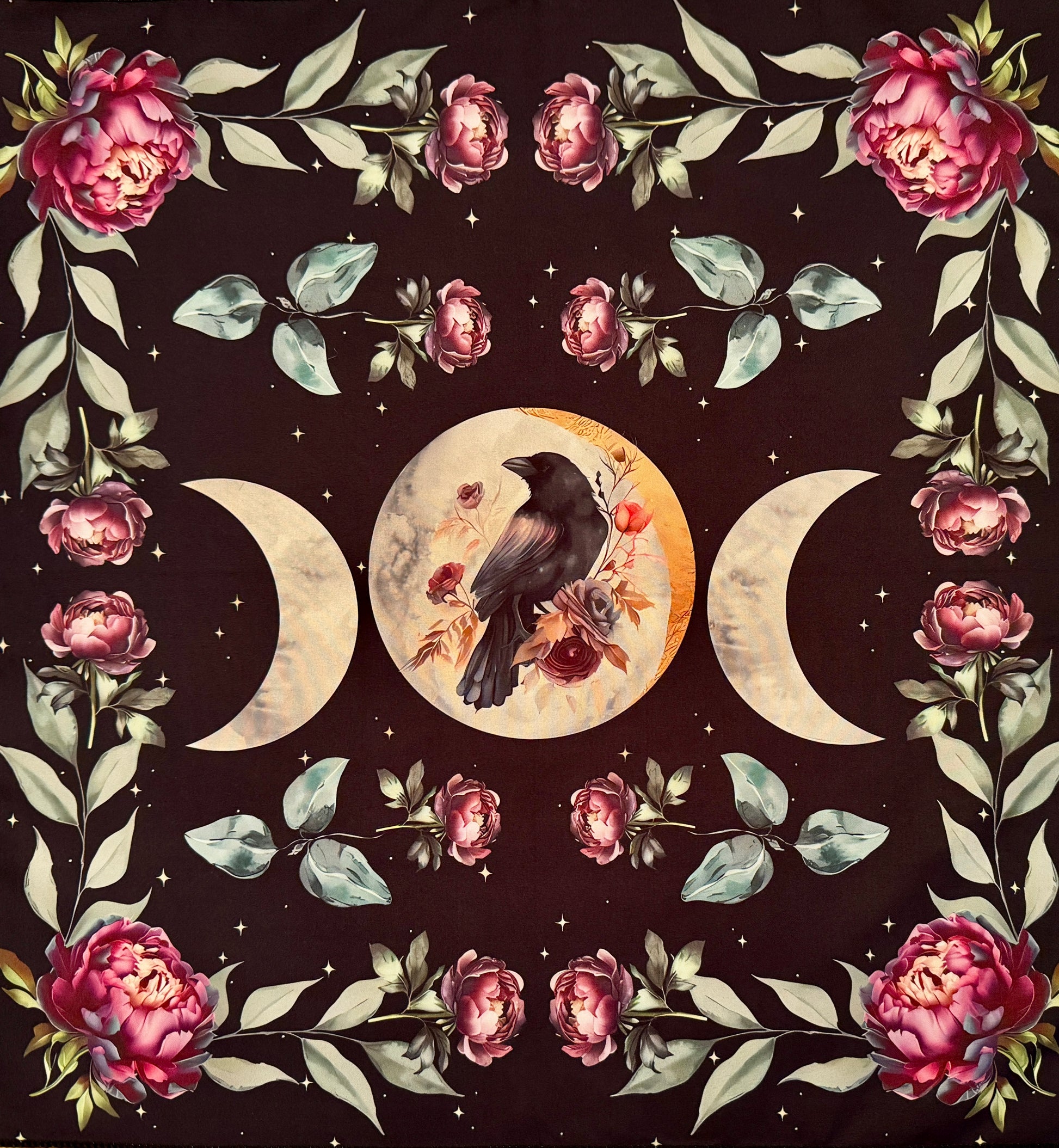 Square dark brown tapestry with triple moon, raven, and floral design.