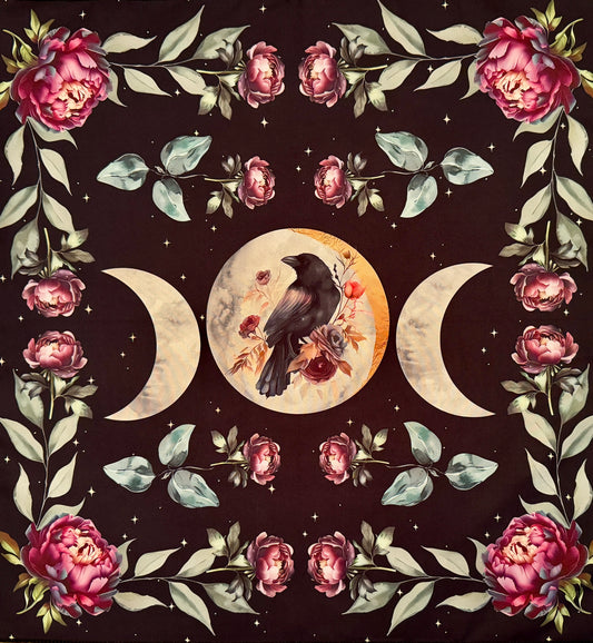 Square dark brown tapestry with triple moon, raven, and floral design.
