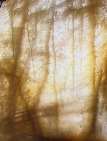 Banded calcite slab close up with light shining through browns and tans