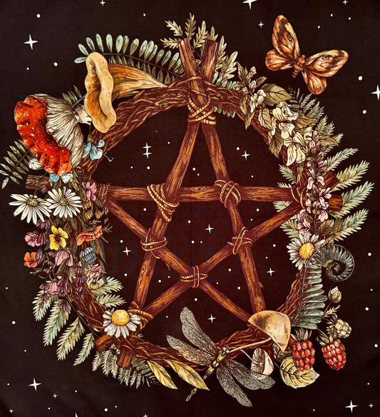 Illustration of a wooden pentagram surrounded by flowers, plants, mushrooms, a dragonfly, and a butterfly on a black background with stars and dots.