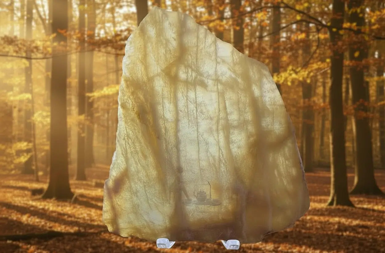 Banded Calcite slab with bands flowing through the specimen that look like trees hues are golden brown and tans