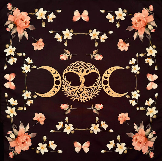 Black gold altar cloth with Triple Moon and Tree of Life design, 19x19 inches