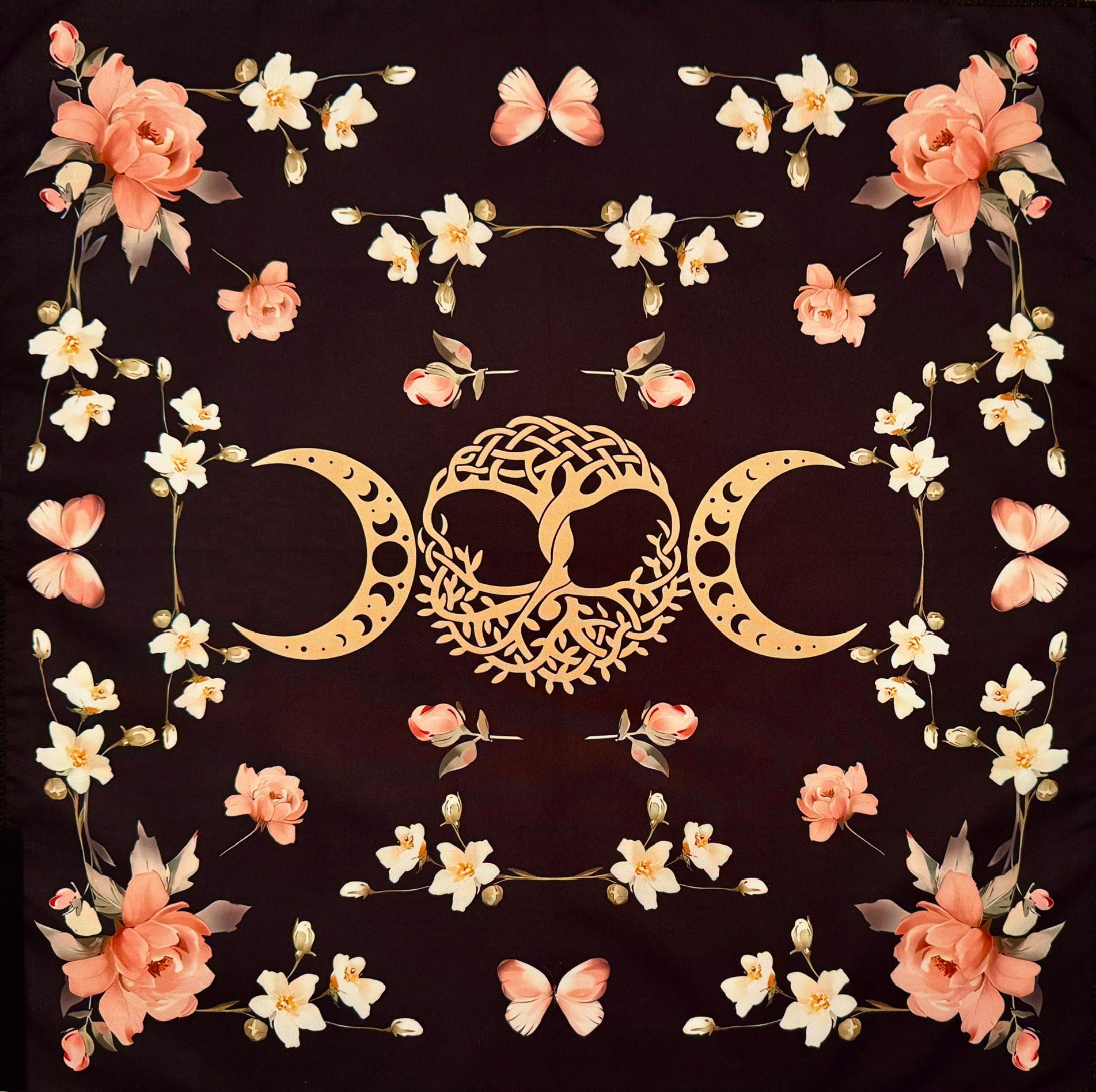 Square scarf featuring a Wiccan Triple Moon Goddess symbol with a Celtic tree of life, framed by peach-colored peonies, small white flowers, and butterflies.
