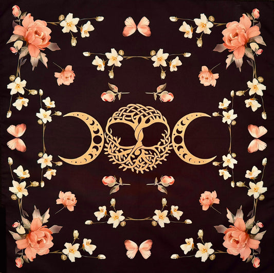 Square scarf featuring a Wiccan Triple Moon Goddess symbol with a Celtic tree of life, framed by peach-colored peonies, small white flowers, and butterflies.