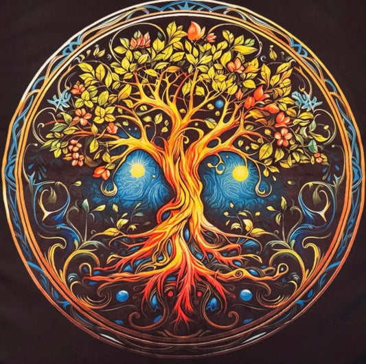 Orange and teal Tree of Life altar cloth with eye design