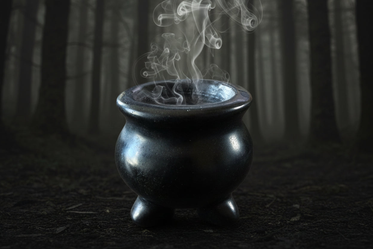 Black obsidian cauldron in a dark forest wtih smoke 
