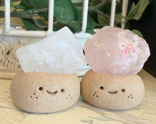 Mini crystal head rock with smiling face quartz decor front view