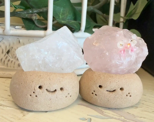 Mini crystal head rock with smiling face quartz decor front view