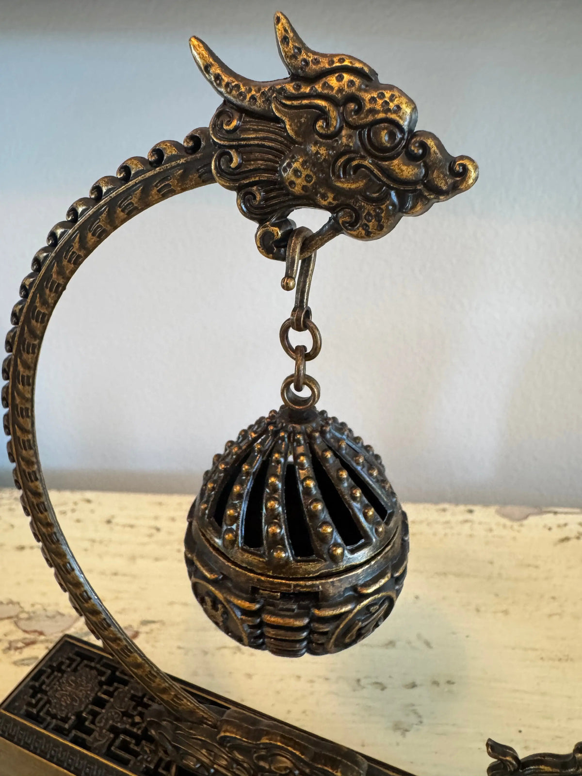 Brass dragon incense holder angled display