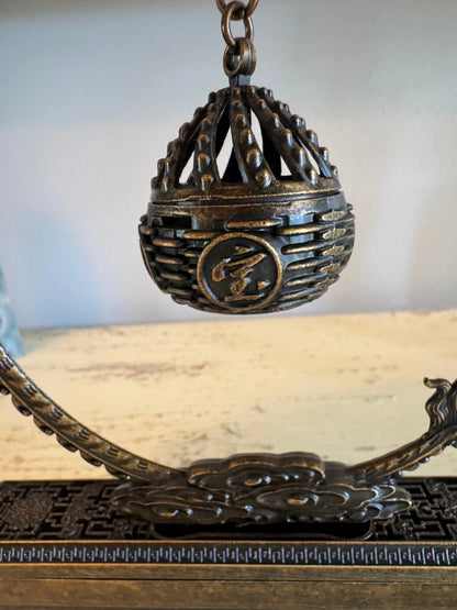 Brass dragon incense holder with open lattice sphere