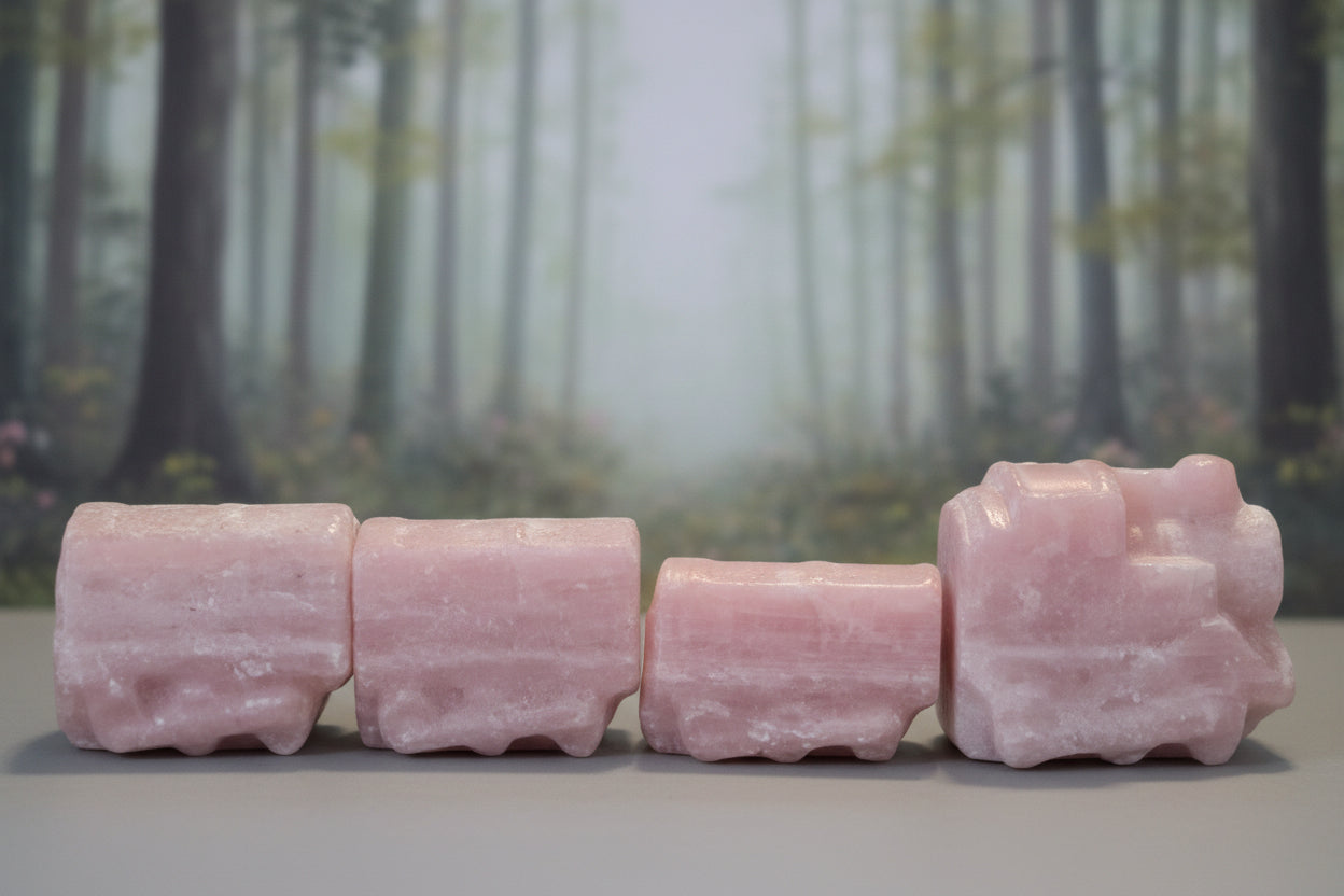 pink opal hand carved crystal four piece train set. muted forest behind 