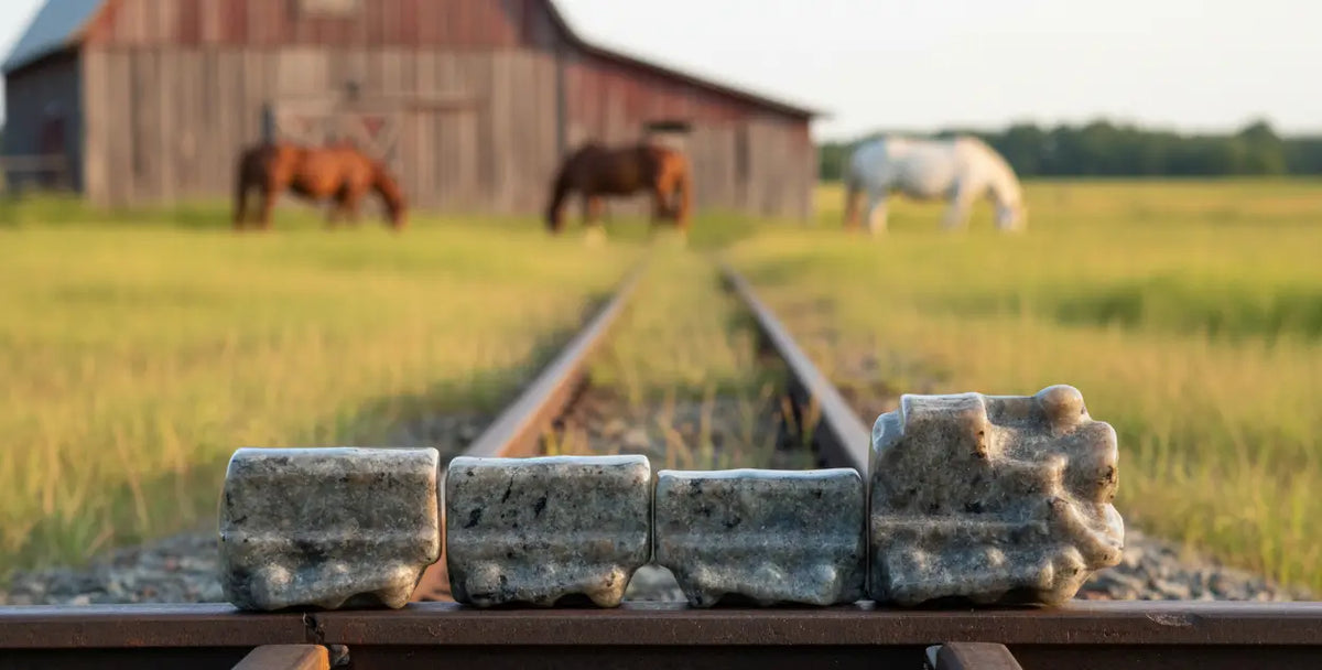 Close up of four piece train hand carved from yooperlite synaite 