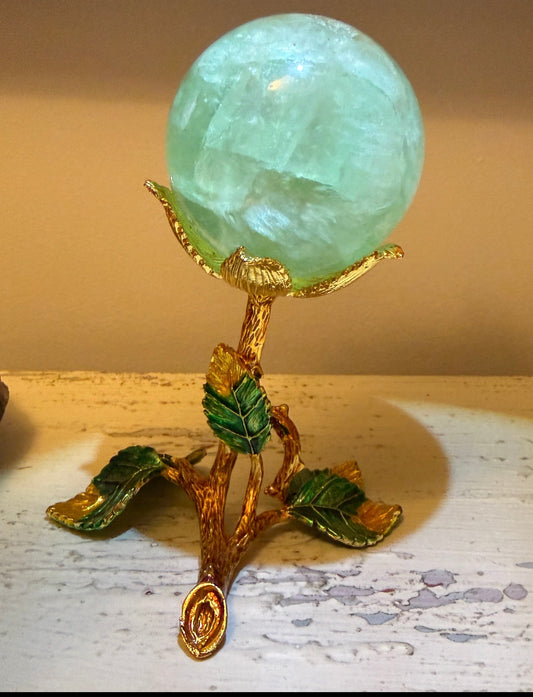 Green and Gold Tone Floral Metal Crystal Sphere Display Stand