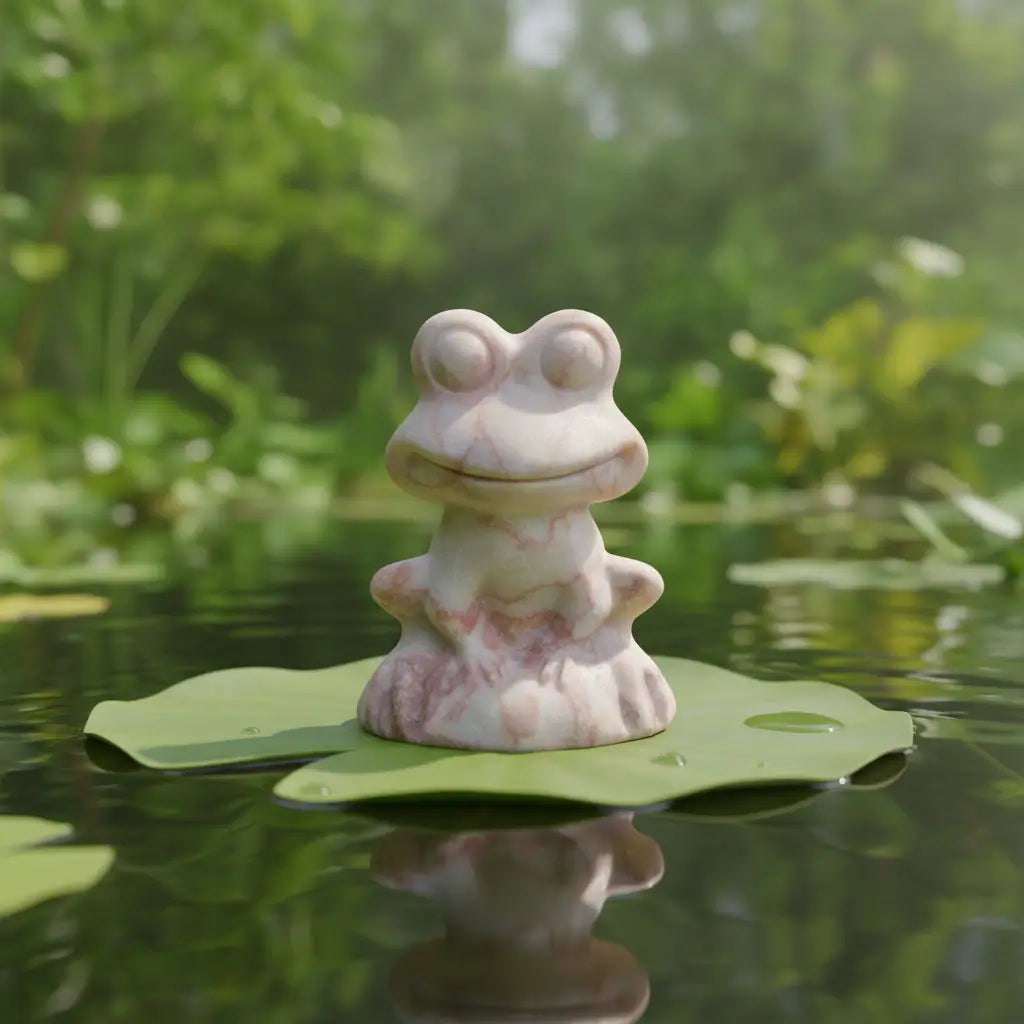 Red network jasper frog carving on a lily pad in a pond 