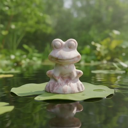 Red network jasper frog carving on a lily pad in a pond 
