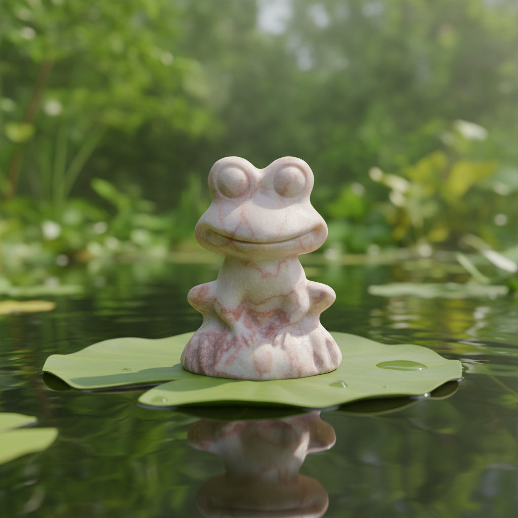 Red network jasper frog carving on a lily pad in a pond 