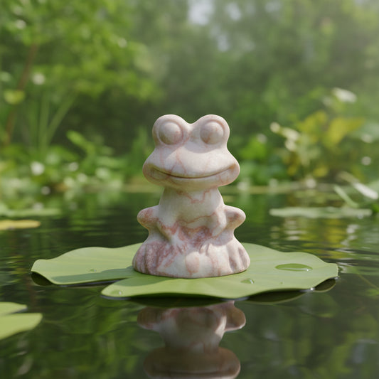Red network jasper frog carving on a lily pad in a pond 