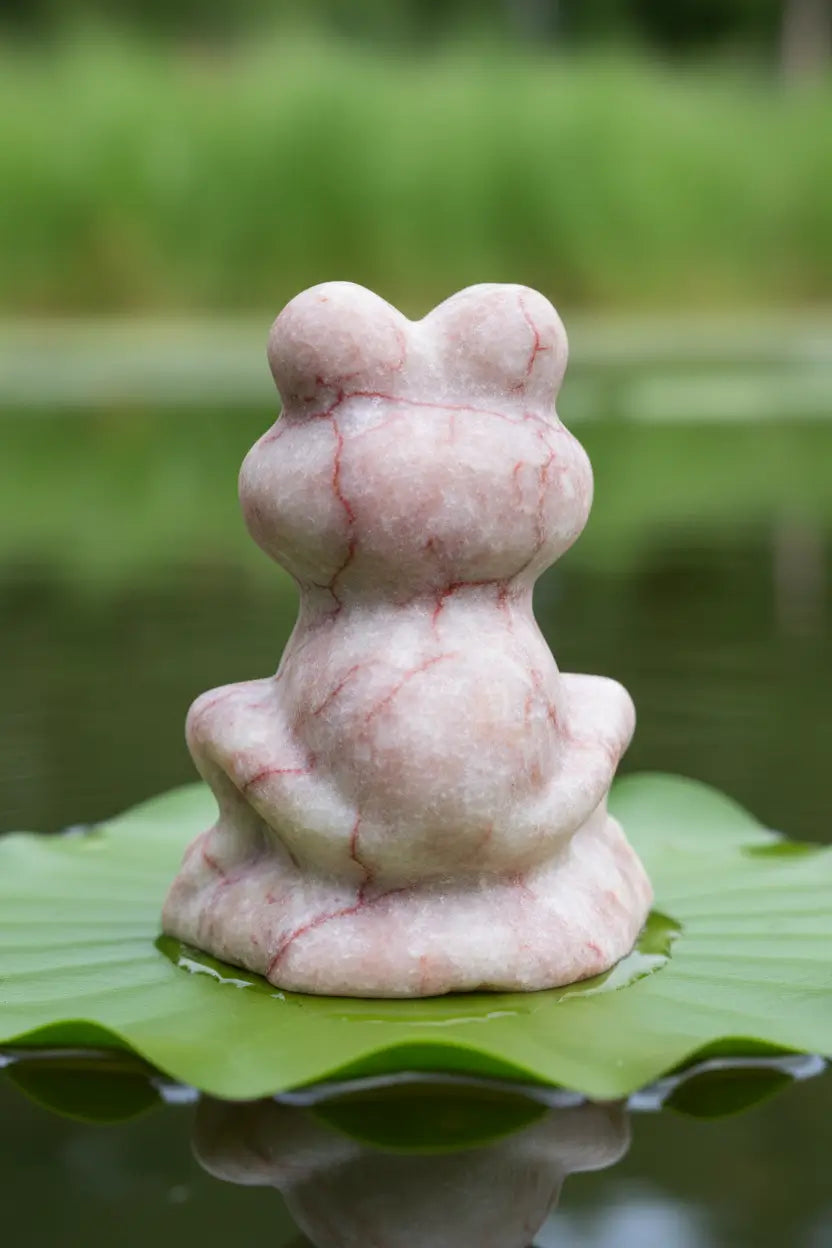 back of a network jasper carved frog on a lily pad. red vein and white 
