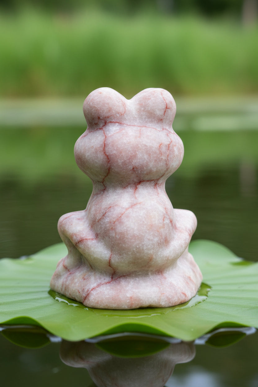 back of a network jasper carved frog on a lily pad. red vein and white 
