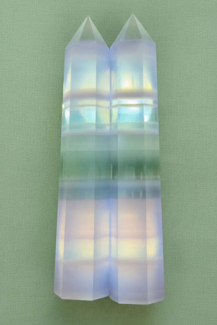 Two color zone fluorite towers cut from the same slab.  bands are identical purple, green, white 
