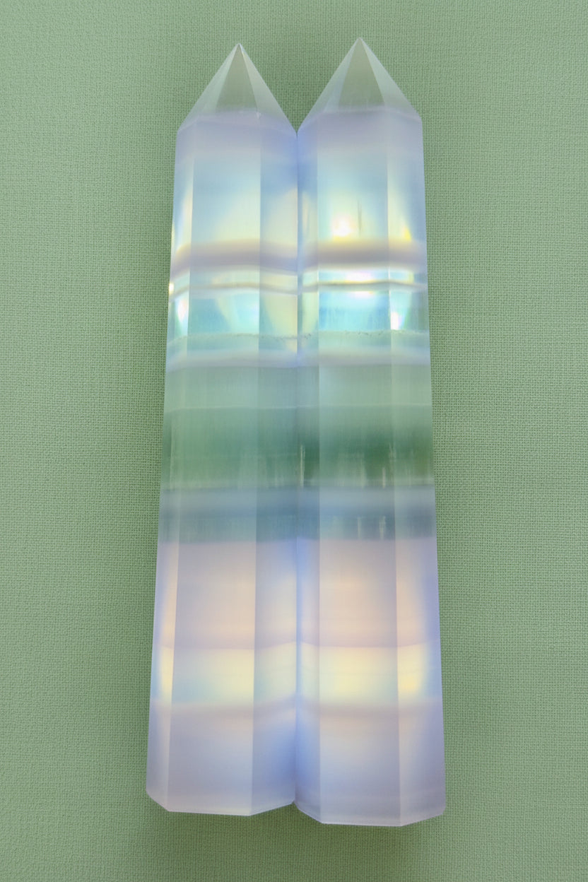 Two color zone fluorite towers cut from the same slab.  bands are identical purple, green, white 
