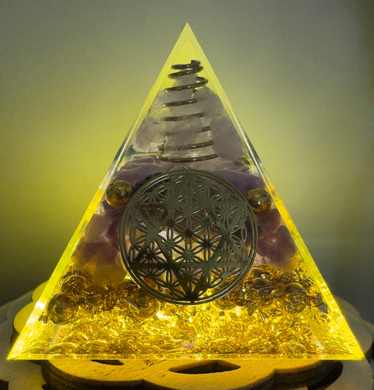 Amethyst Flower of Life Orgonite Pyramid - Main Street Crystals & Minerals