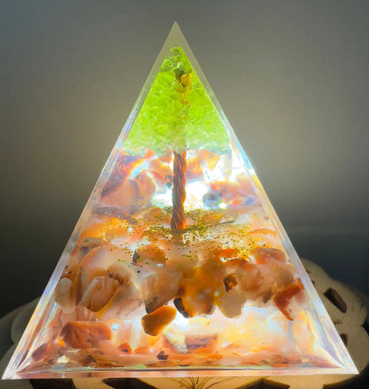 Carnelian and Peridot tree orgonite pyramid front view
