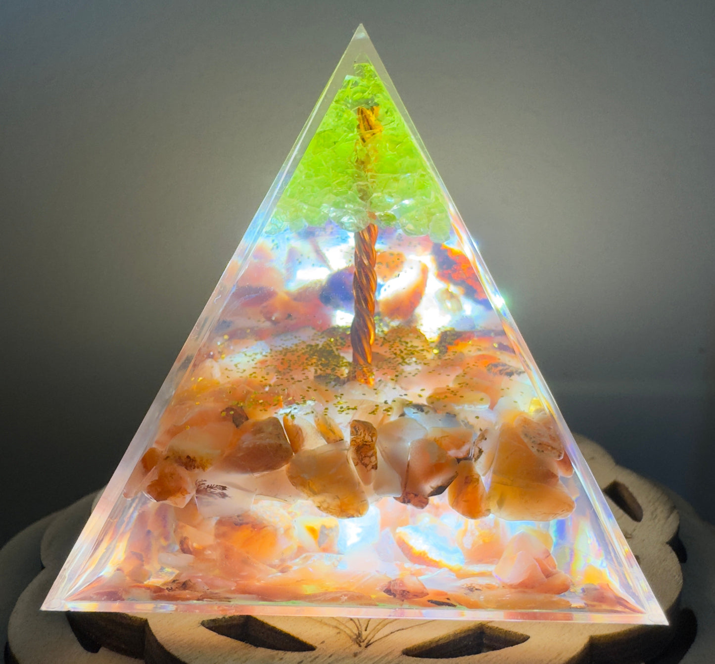 Carnelian & Peridot Tree Orgonite Pyramid - Main Street Crystals & Minerals