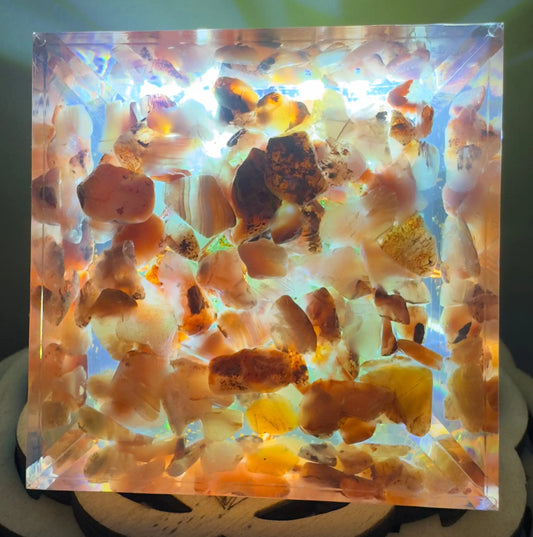 Carnelian and Peridot orgonite pyramid with tree design