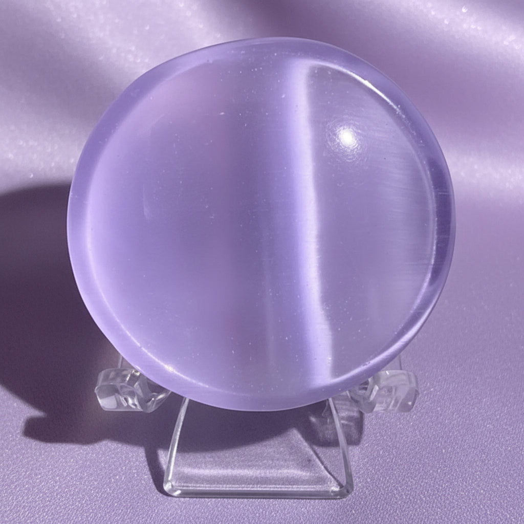 close up of a lavender chatoyant selenite petite bowl on a stand