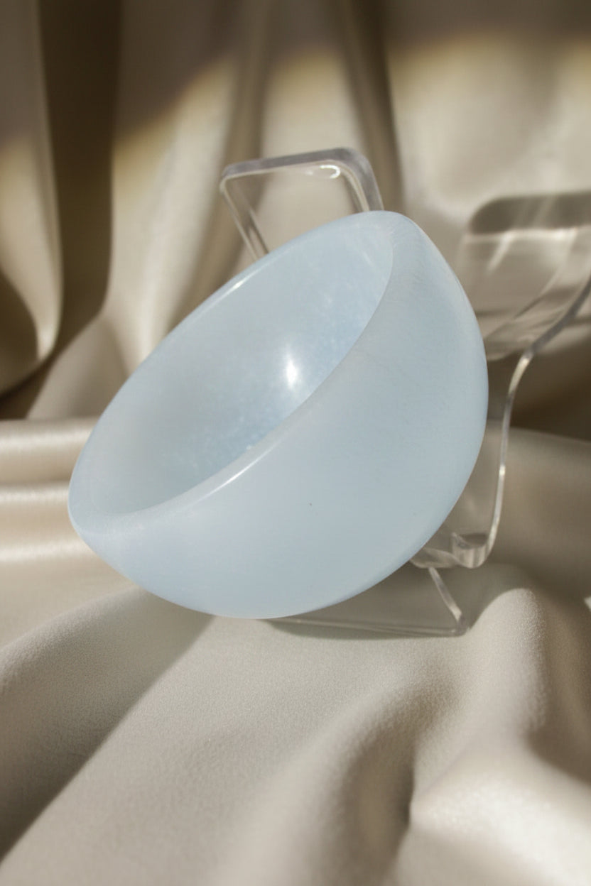 side view white chatoyant selenite petite bowl 