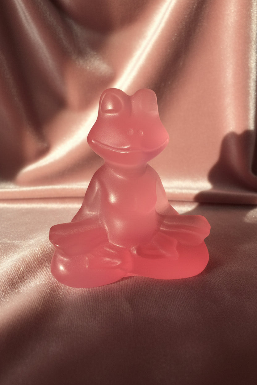 RARE Chatoyant Selenite Sukhasana Pose Frog Carving Pretty Pink