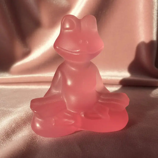 RARE Chatoyant Selenite Sukhasana Pose Frog Carving Pretty Pink