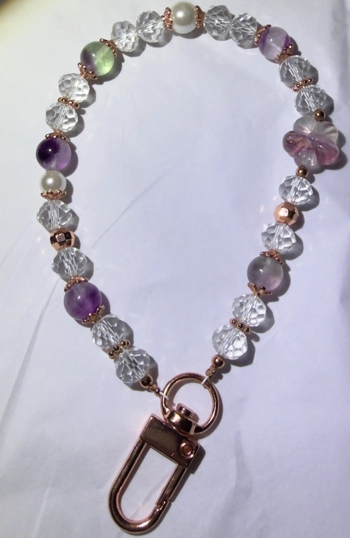 Pretty fluorite, clear quartz and pearl phone or handbag clip on charm 