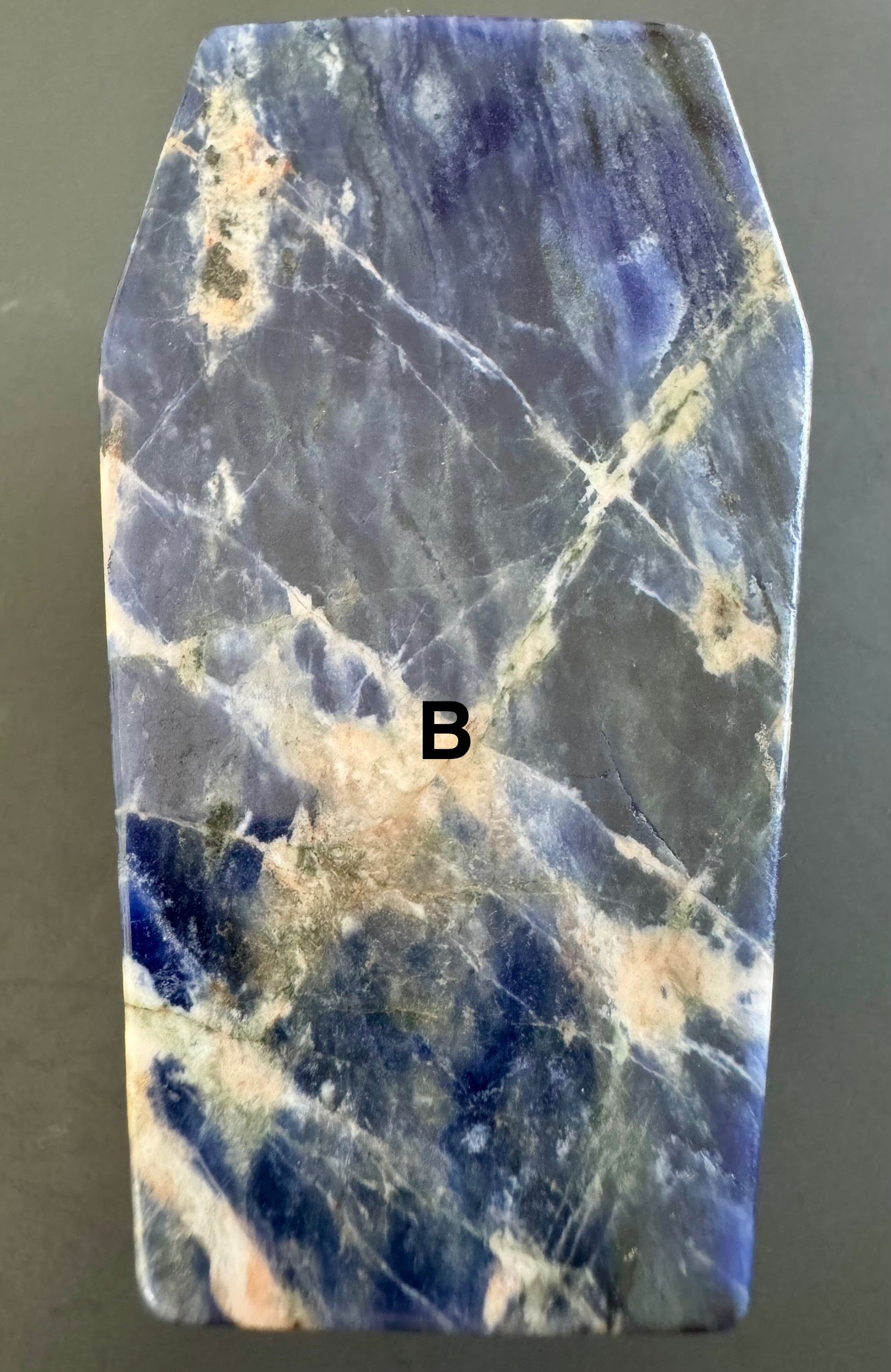 Blue and gray sodalite crystal slab.