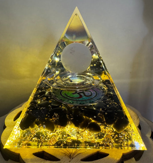 Black Tourmaline “Om” Orgonite Pyramid - Main Street Crystals & Minerals