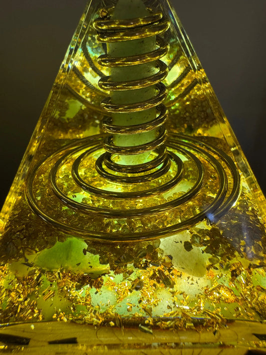 Green Aventurine orgonite pyramid with copper coil front view