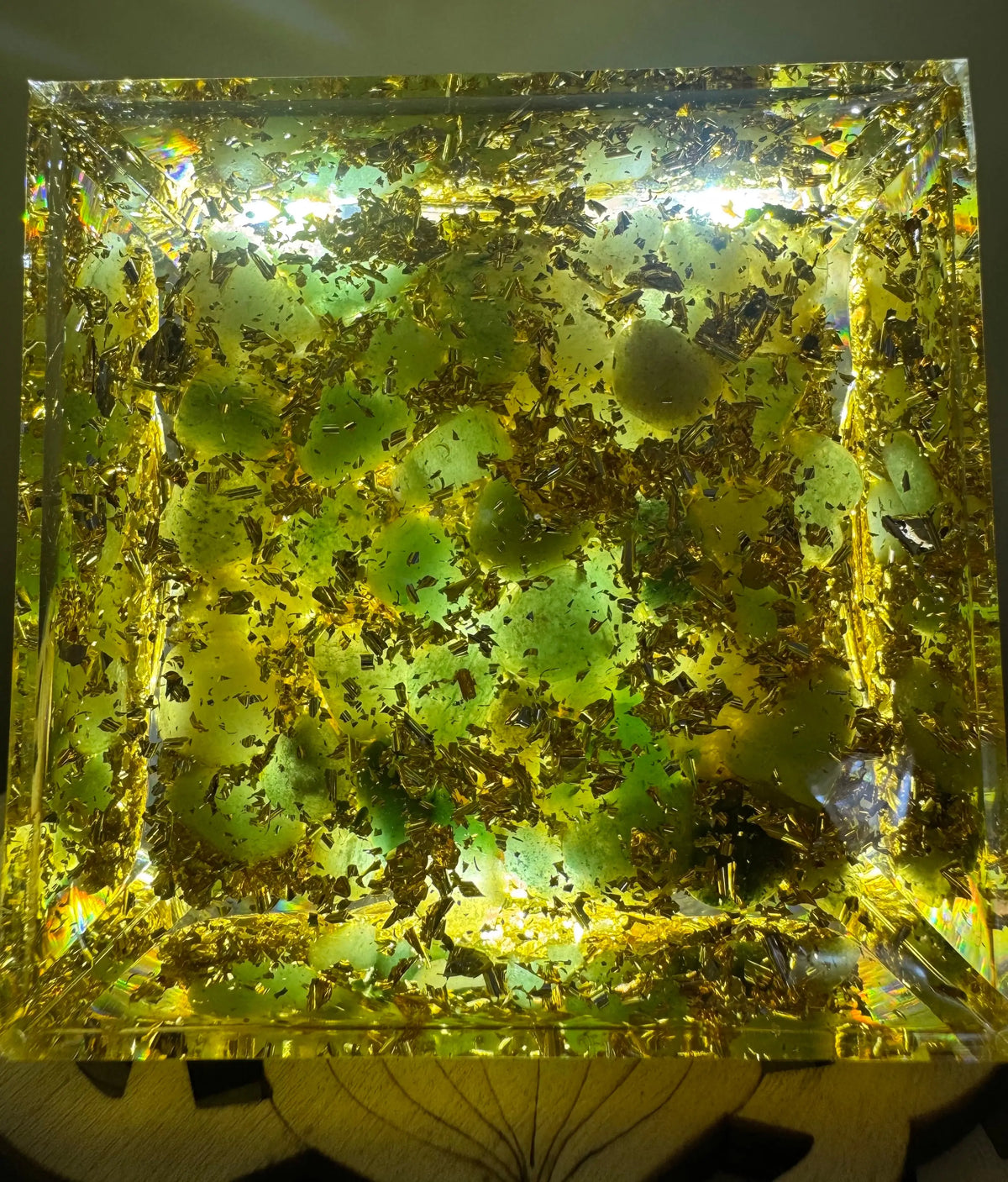 Bottom view of Green Aventurine copper coil orgonite pyramid