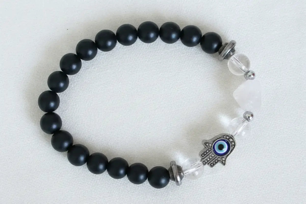 Black Obsidian and Clear Quartz pyramid bracelet with Hamsa charm