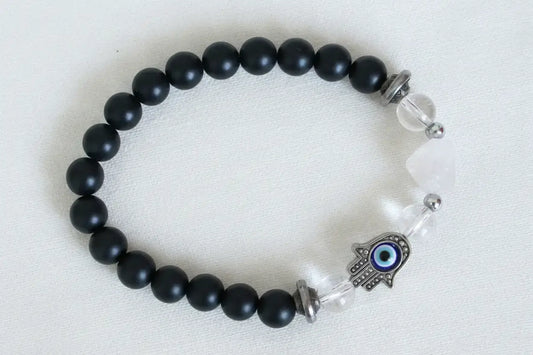 Black Obsidian and Clear Quartz pyramid bracelet with Hamsa charm