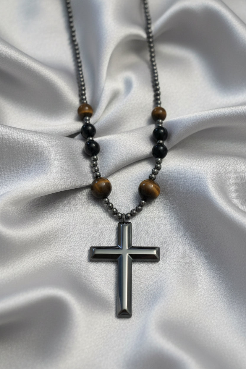 Black Obsidian, Tiger’s Eye and Hematite 59 bead rosary with hematite cross