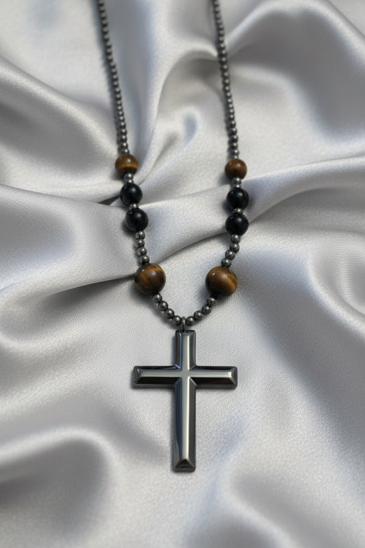 Black Obsidian, Tiger’s Eye and Hematite 59 bead rosary with hematite cross