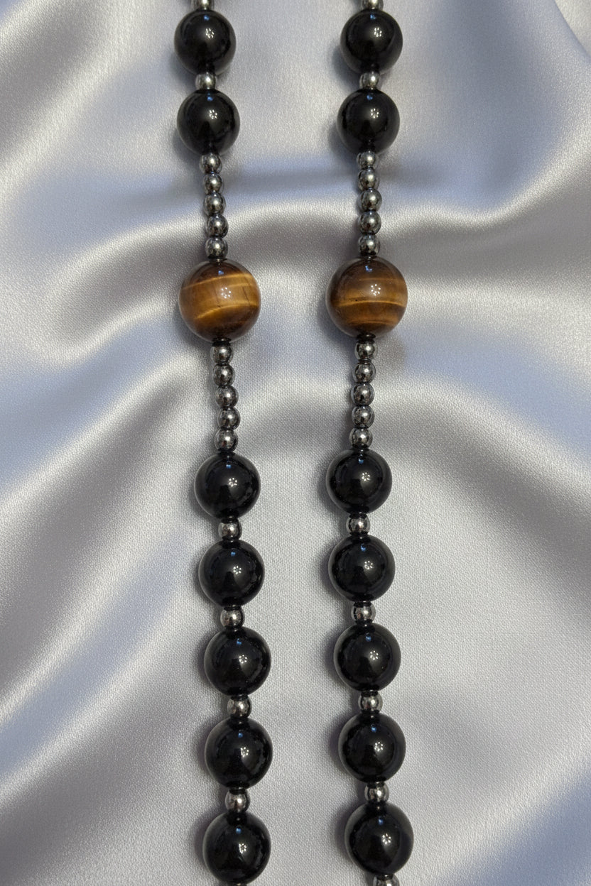 Black Obsidian, hematite and tiger’s eye rosary bead necklace
