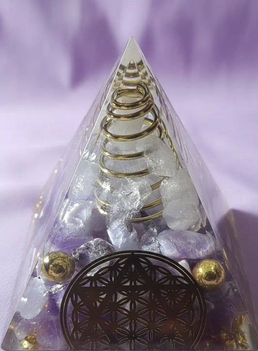 Amethyst Clear Quartz and copper coil orgonite pyramid close-up