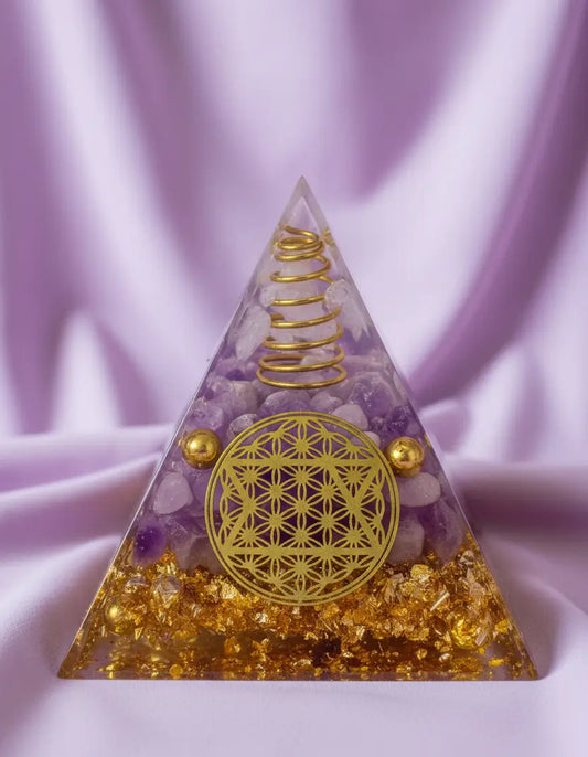 Amethyst Clear Quartz and copper coil orgonite pyramid