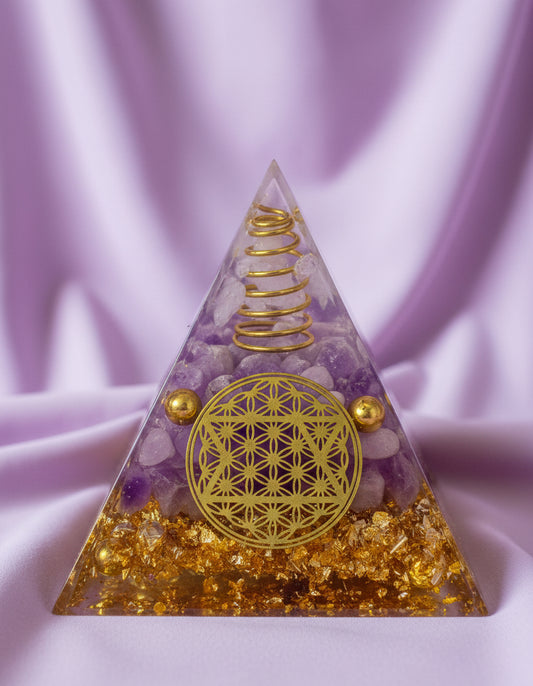 organite pyramid amethyst, clear quartz, and sodalite crystals.  copper coil and copper bits and spheres generate energy, crystals create balance and grounding