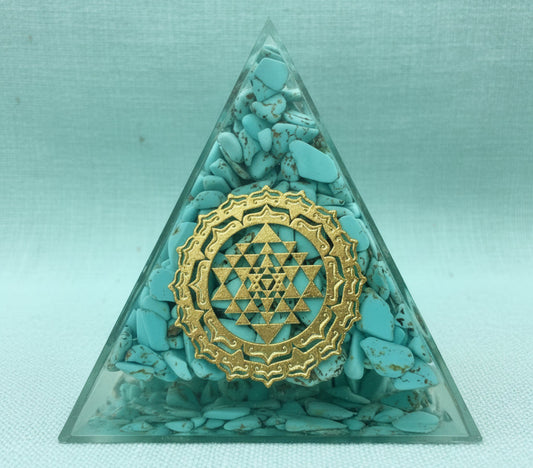 Sri Yantra (powerful sacred symbol) symbolizing creation and non duality organite pyramid Turquoise crystals communication and healing.  Expression and clarity 