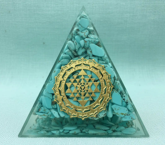 Turquoise Sri Yantra orgonite pyramid with copper and crystal accents